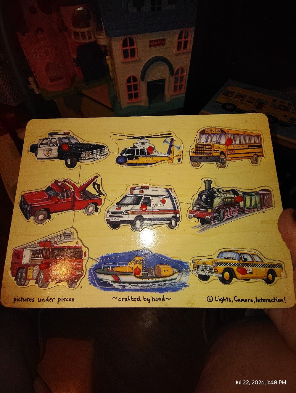 Wooden Vehicles Peg Puzzle - Yellow Multi-Vehicle Playset